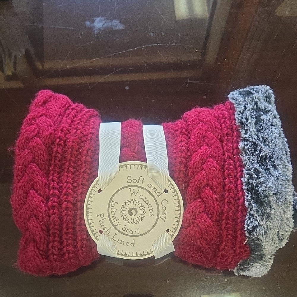 Red Knit Scarf with Faux Fur Trim